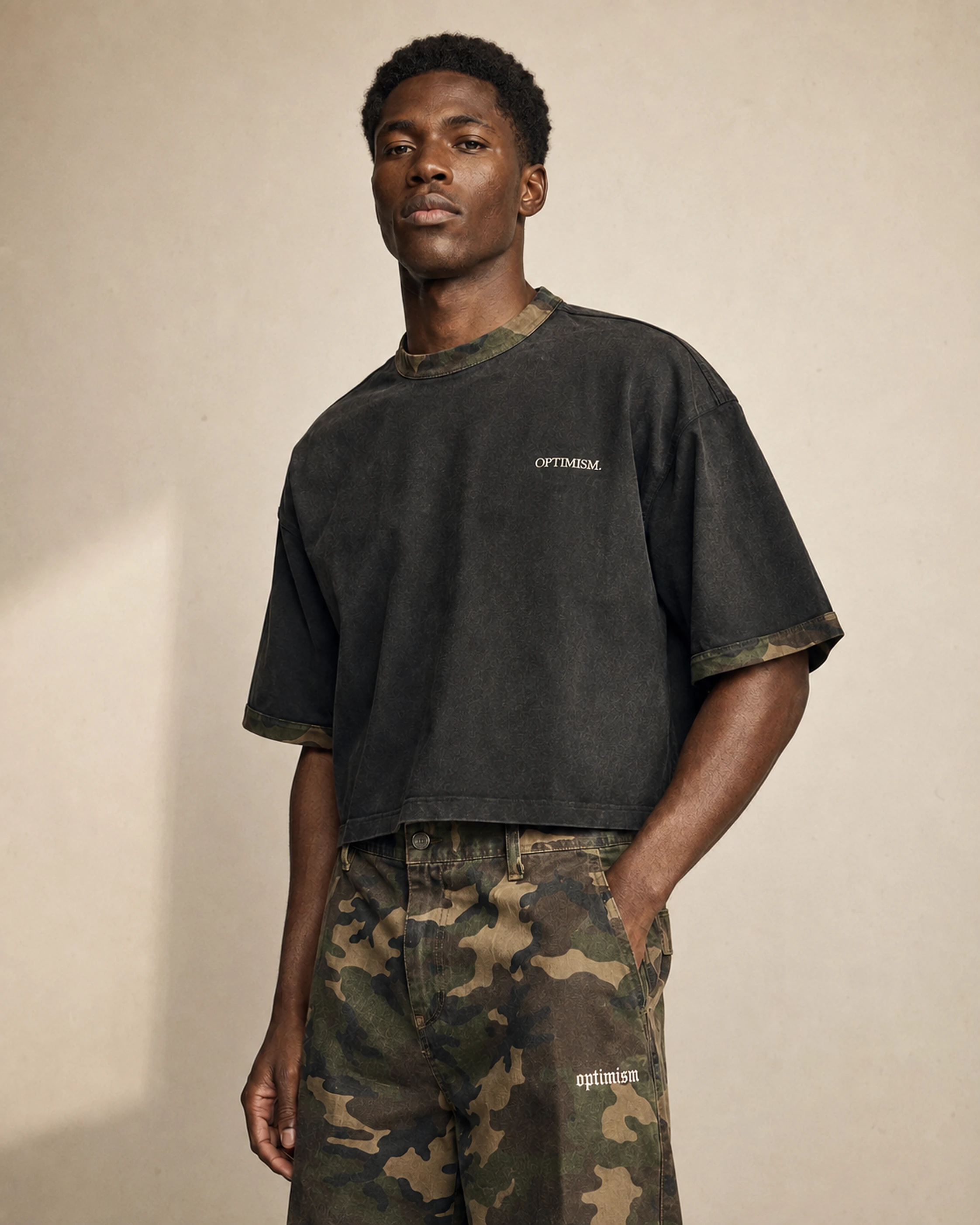 OPTIMISM. Fall 2026 — washed black camouflage-trim cropped tee with woodland camouflage wide trouser